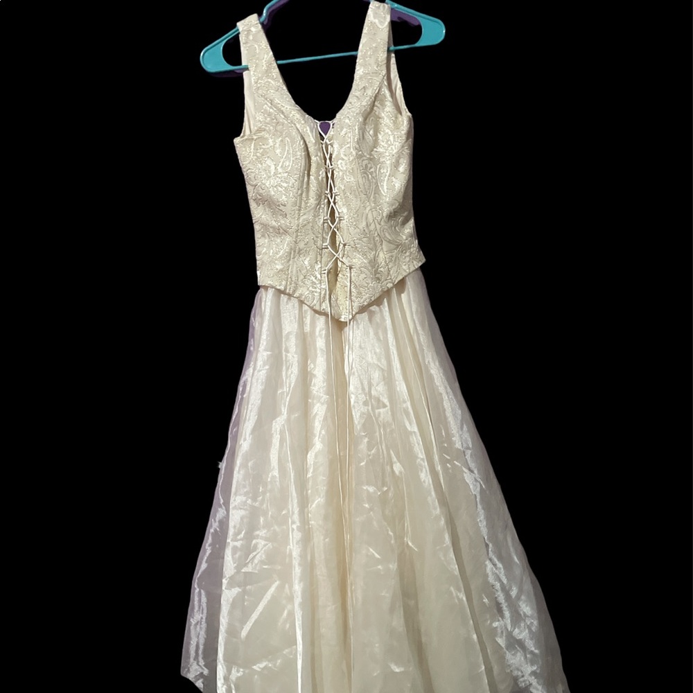 90s white and gold maxi prom dress